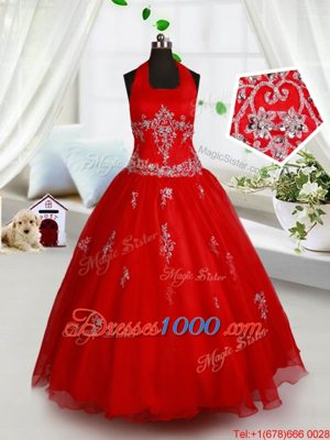 Halter Top Beading and Appliques Little Girls Pageant Dress Red Lace Up Sleeveless Floor Length