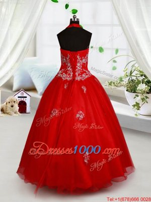 Halter Top Beading and Appliques Little Girls Pageant Dress Red Lace Up Sleeveless Floor Length