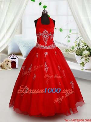 Halter Top Beading and Appliques Little Girls Pageant Dress Red Lace Up Sleeveless Floor Length