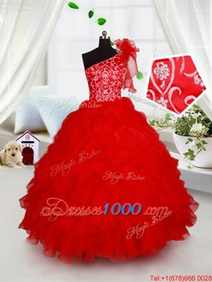Wonderful One Shoulder Red Sleeveless Floor Length Beading and Ruffles and Hand Made Flower Lace Up Kids Formal Wear