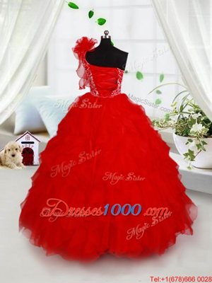 Wonderful One Shoulder Red Sleeveless Floor Length Beading and Ruffles and Hand Made Flower Lace Up Kids Formal Wear