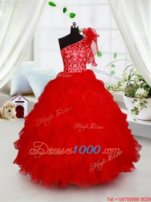 Wonderful One Shoulder Red Sleeveless Floor Length Beading and Ruffles and Hand Made Flower Lace Up Kids Formal Wear