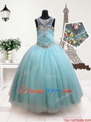 Stylish Scoop Floor Length Zipper Juniors Party Dress Aqua Blue and In for Quinceanera and Wedding Party with Beading