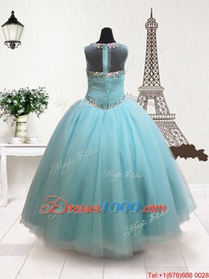 Stylish Scoop Floor Length Zipper Juniors Party Dress Aqua Blue and In for Quinceanera and Wedding Party with Beading