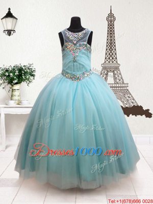 Stylish Scoop Floor Length Zipper Juniors Party Dress Aqua Blue and In for Quinceanera and Wedding Party with Beading