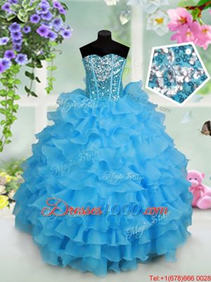 Excellent Baby Blue Lace Up Strapless Beading and Ruffled Layers and Sequins Child Pageant Dress Organza Sleeveless