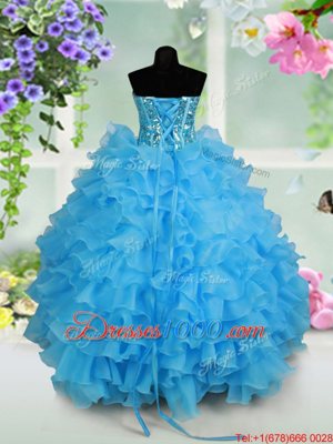 Excellent Baby Blue Lace Up Strapless Beading and Ruffled Layers and Sequins Child Pageant Dress Organza Sleeveless