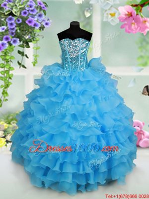 Excellent Baby Blue Lace Up Strapless Beading and Ruffled Layers and Sequins Child Pageant Dress Organza Sleeveless