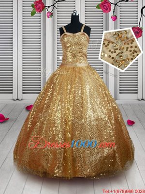 Gold Tulle Lace Up Straps Sleeveless Floor Length Little Girls Pageant Gowns Beading and Sequins