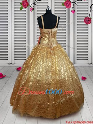 Gold Tulle Lace Up Straps Sleeveless Floor Length Little Girls Pageant Gowns Beading and Sequins