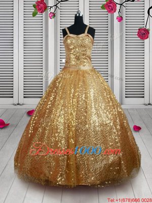 Gold Tulle Lace Up Straps Sleeveless Floor Length Little Girls Pageant Gowns Beading and Sequins