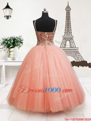 Perfect Straps Straps Beading and Sequins Kids Pageant Dress Peach Zipper Sleeveless Floor Length