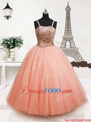 Perfect Straps Straps Beading and Sequins Kids Pageant Dress Peach Zipper Sleeveless Floor Length