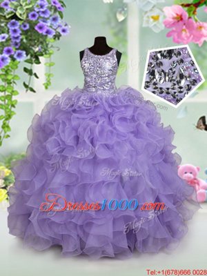 Lovely Ball Gowns Kids Pageant Dress Lavender Scoop Organza Sleeveless Floor Length Zipper