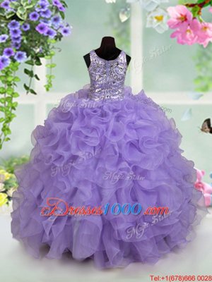 Lovely Ball Gowns Kids Pageant Dress Lavender Scoop Organza Sleeveless Floor Length Zipper