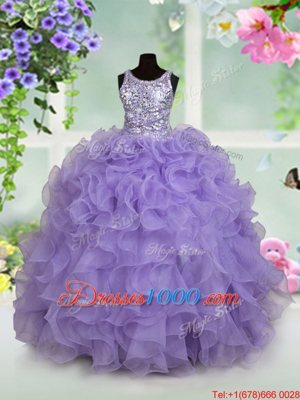 Lovely Ball Gowns Kids Pageant Dress Lavender Scoop Organza Sleeveless Floor Length Zipper