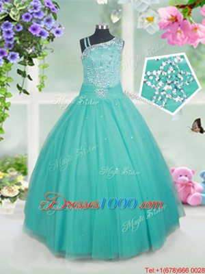 Excellent Turquoise Ball Gowns Beading Little Girl Pageant Dress Zipper Tulle Sleeveless Floor Length