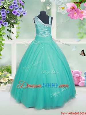 Excellent Turquoise Ball Gowns Beading Little Girl Pageant Dress Zipper Tulle Sleeveless Floor Length
