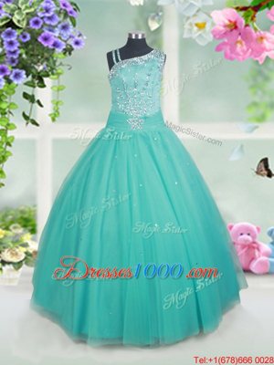 Excellent Turquoise Ball Gowns Beading Little Girl Pageant Dress Zipper Tulle Sleeveless Floor Length