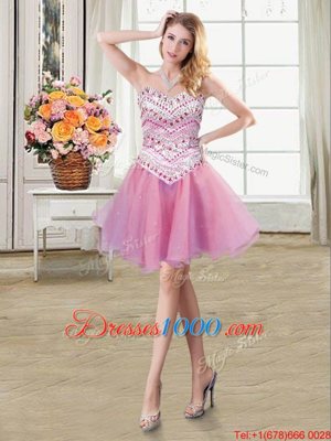Lilac Organza Lace Up Sweetheart Sleeveless Mini Length Club Wear Beading