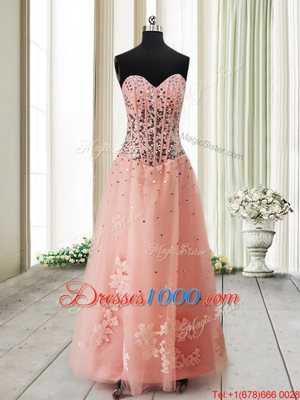 Beauteous Sweetheart Sleeveless Hoco Dress Ankle Length Beading Peach Tulle