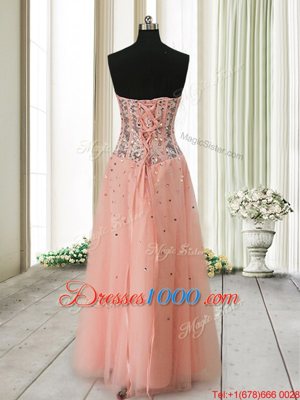 Beauteous Sweetheart Sleeveless Hoco Dress Ankle Length Beading Peach Tulle