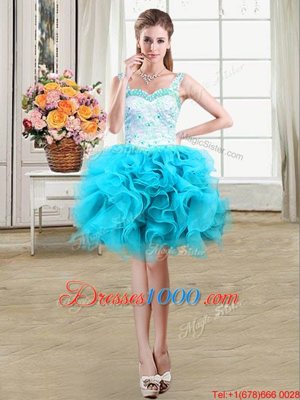 Attractive Straps Straps Sleeveless Mini Length Beading and Lace and Ruffles Lace Up Evening Gowns with Baby Blue