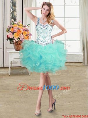 Aqua Blue Lace Up Straps Beading and Ruffles Cocktail Dresses Organza Sleeveless