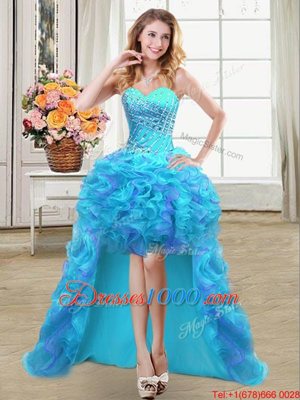 Aqua Blue Sweetheart Lace Up Beading and Ruffles Evening Gowns Sleeveless