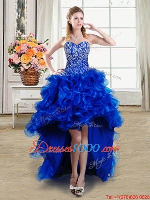 Royal Blue Organza Lace Up Juniors Party Dress Sleeveless High Low Beading and Ruffles