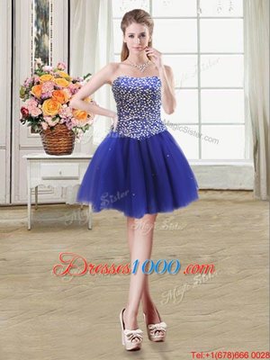 Dramatic Royal Blue Lace Up Strapless Beading Pageant Dress Womens Tulle Sleeveless
