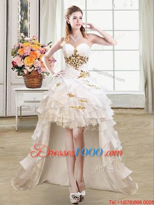 Sleeveless High Low Beading and Ruffles Lace Up Pageant Dress for Teens with White