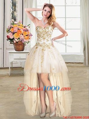 Sleeveless Tulle High Low Lace Up Evening Gowns in Champagne for with Beading