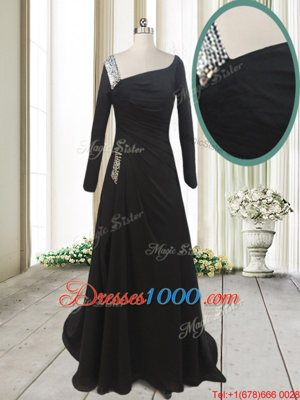 Beading Evening Dress Black Side Zipper Long Sleeves With Train Sweep Train