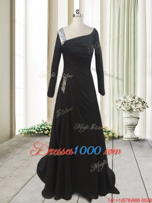 Beading Evening Dress Black Side Zipper Long Sleeves With Train Sweep Train