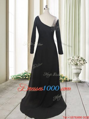 Beading Evening Dress Black Side Zipper Long Sleeves With Train Sweep Train