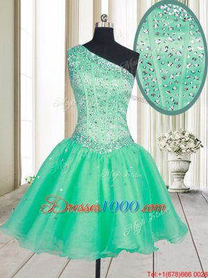 Exceptional One Shoulder Turquoise A-line Beading Dress for Prom Lace Up Organza Sleeveless Mini Length