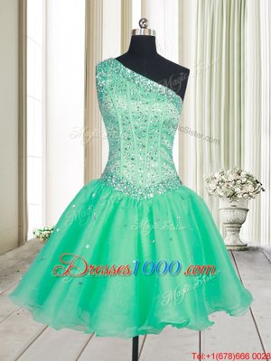 Exceptional One Shoulder Turquoise A-line Beading Dress for Prom Lace Up Organza Sleeveless Mini Length