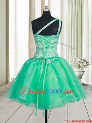 Exceptional One Shoulder Turquoise A-line Beading Dress for Prom Lace Up Organza Sleeveless Mini Length