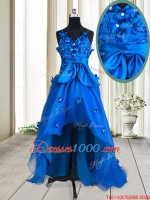 Exquisite Royal Blue Organza Zipper V-neck Sleeveless High Low Pageant Gowns Beading and Appliques and Bowknot