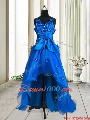 Exquisite Royal Blue Organza Zipper V-neck Sleeveless High Low Pageant Gowns Beading and Appliques and Bowknot