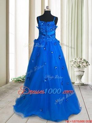 Exquisite Royal Blue Organza Zipper V-neck Sleeveless High Low Pageant Gowns Beading and Appliques and Bowknot