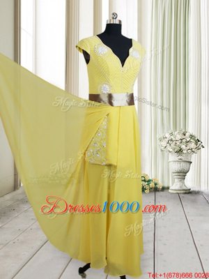 Designer Floor Length Empire Cap Sleeves Yellow Evening Dress Zipper