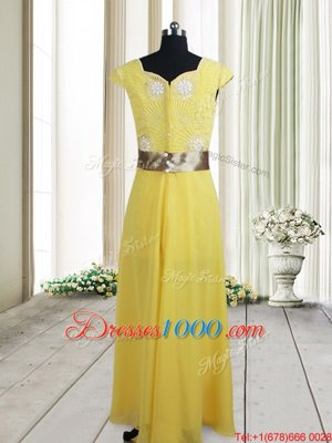 Designer Floor Length Empire Cap Sleeves Yellow Evening Dress Zipper