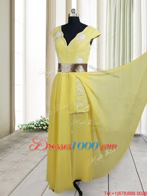 Designer Floor Length Empire Cap Sleeves Yellow Evening Dress Zipper