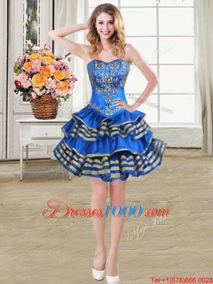 Ruffled Ball Gowns Pageant Dress for Womens Blue Sweetheart Taffeta Sleeveless Mini Length Lace Up
