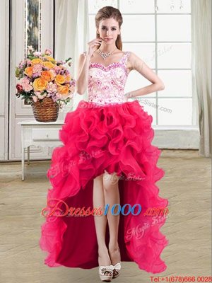 Straps Straps Hot Pink Sleeveless Beading and Lace and Ruffles High Low Cocktail Dresses