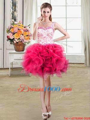 Hot Pink Straps Neckline Beading and Lace and Ruffles Cocktail Dress Sleeveless Lace Up