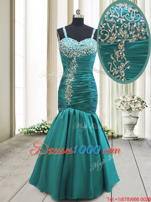 Inexpensive Mermaid Floor Length Teal Prom Gown Straps Sleeveless Lace Up