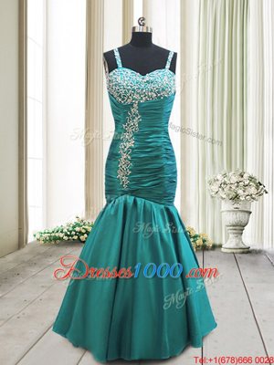 Inexpensive Mermaid Floor Length Teal Prom Gown Straps Sleeveless Lace Up